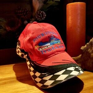 Snowmobile Racing Checkers Location Hat - Pourvoirie Trudeau, Canada - Red Black